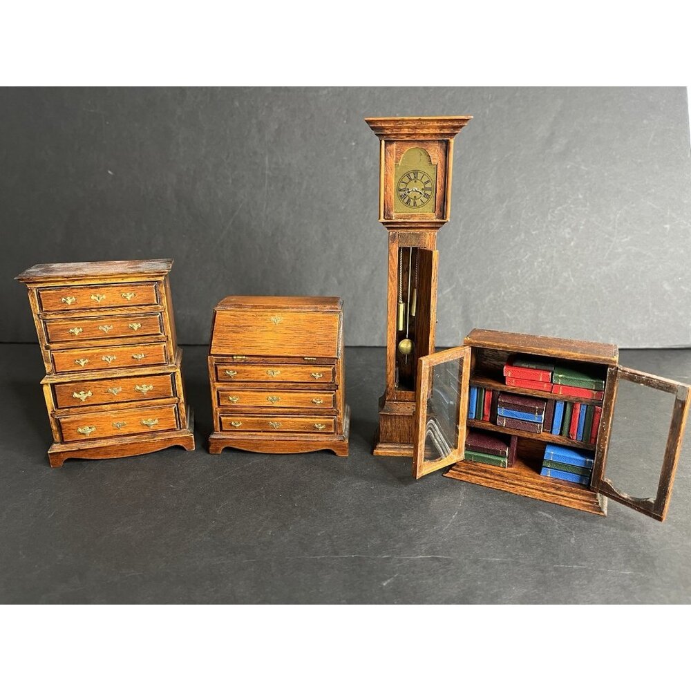 Vtg 4 Pc House of Miniatures Doll Furniture Dated Desk Dresser Bookshelf Clock